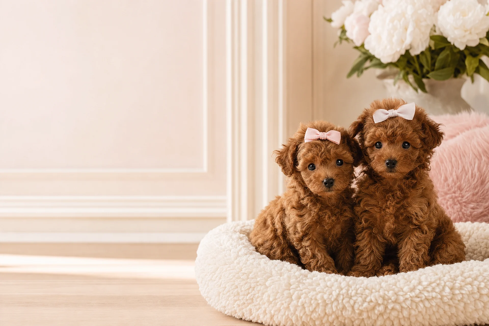 Leeya and Rouma together on an ivory dog bed with soft pink accents